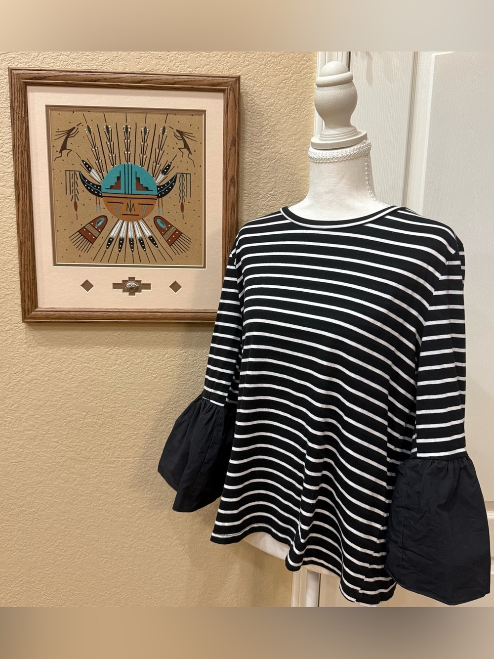 By Anthropologie Striped Poplin Ruffle Bell Sleeve French Girl Black&White L Top
